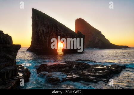 Drangarnir Rocks during Sunset in the Faroe Islands, Denmark, post processed in HDR Stock Photo