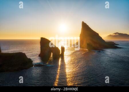 Drangarnir Rocks during Sunset in the Faroe Islands, Denmark, post processed in HDR Stock Photo