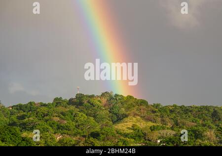 Vibrant rainbow arching over lush forested hills in the countryside Stock Photo