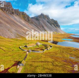 Vestrahorn Mountains by the Ocean in Eastern Iceland, post processed in HDR Stock Photo
