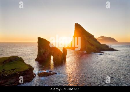 Drangarnir Rocks during Sunset in the Faroe Islands, Denmark, post processed in HDR Stock Photo