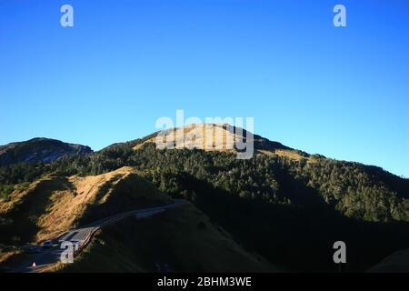 Sunny view of the Hehuan North Peak Trail at Nantou, Taiwan Stock Photo