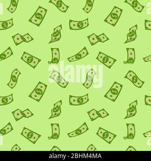 Seamless pattern money rain green flat cartoon. Paper notes flying in air. Money banknotes flying green background, various banknotes, different provisions. American money float. Vector illustration Stock Vector