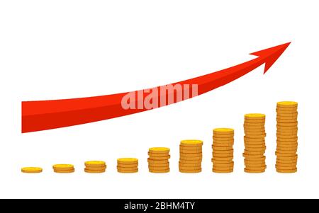 Stacks gold coin flat cartoon set. Growing financial schedule red arrow. Profit growth rising chart and finance busines. Successful business development, revenue increase. Isolated vector illustration Stock Vector