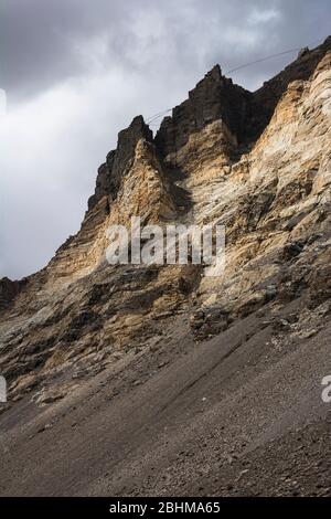 The huge rocky cliffs that flank the glacial valley at the feet of Mt. Everest Stock Photo