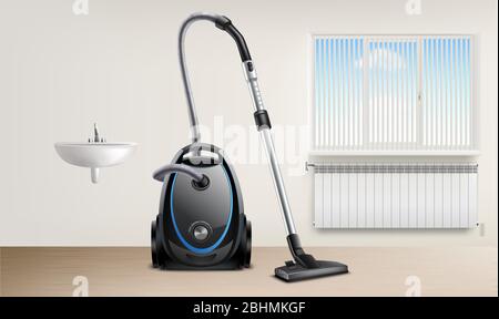 mock up illustration of vacuum cleaner in washroom view Stock Vector