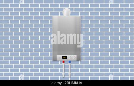mock up illustration of digital water heater on brick wall background Stock Vector
