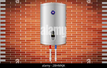 mock up illustration of kitchen water heater on red brick wall background Stock Vector
