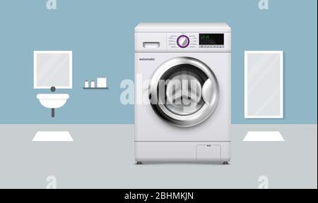 mock up illustration of electronic washing machine in washroom view Stock Vector