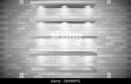 mock up illustration of wall shelves on wooden brick background Stock Vector