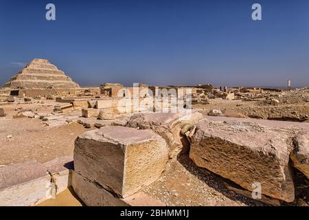 Stepped Pyramid of Djoser as seen from the ruins of the Pyramid of Unas Stock Photo