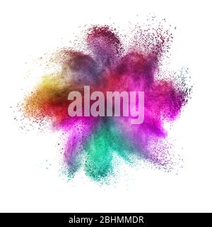 Abstract multicolored powder explosion on a white background. Stock Photo