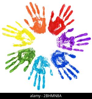 Rainbow color hands print in circle on white background isolated closeup, colorful watercolor handprint illustration, painted human hand silhouette Stock Photo