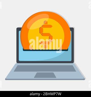 coin money insert into laptop for online banking concept vector illustration Stock Vector