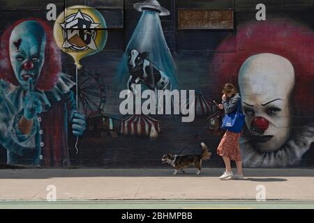 New York, United States. 25th Apr, 2020. A woman walks with her dog past a wall cover with holloween street art during the coronavirus pandemic in New York City. Credit: SOPA Images Limited/Alamy Live News Stock Photo