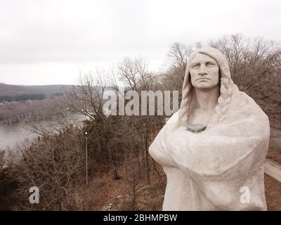 Aerial closeup of the Black Hawk statue at Lorado Taft, Lowden State Park, overlooking the Rock River on the Northern Illinois University, NIU, campus Stock Photo