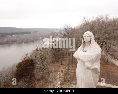 Aerial shot of the Black Hawk statue at Lowden State Park on the Northern Illinois University Campus Stock Photo