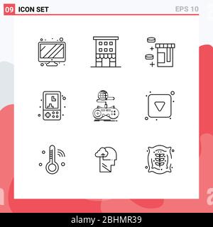 Pack of 9 creative Outlines of gaming, play, tablet, kids, fun Editable Vector Design Elements Stock Vector