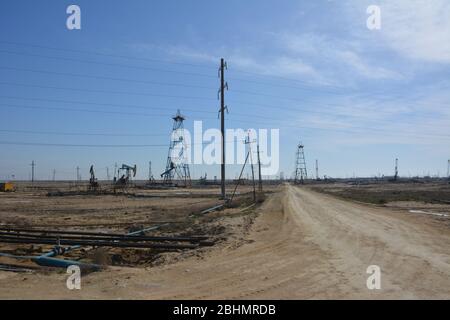 Oil wells in the Caspian Sea, Absheron Peninsula, Azerbaijan Stock ...