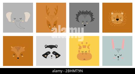 Set of cute hand drawn sleeping animals characters. Cartoon zoo. Vector illustration. Elephant, deer, hedgehog, lion, fox, raccoon, giraffe and hare. Stock Vector