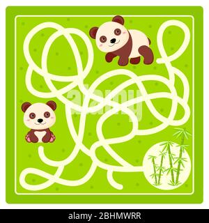 Help the panda cub find the way to his mom. Labyrinth for preschool children. Maze game for kids with cartoon pandas and bamboo. Kids puzzle game. Vec Stock Vector