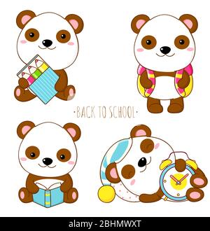 Back to school. Vector set of education icons in kawaii style. Cute little panda with pencil, alarm clock, book. EPS8 Stock Vector