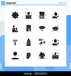 Modern Set of 16 Solid Glyphs Pictograph of nature, fire, computer, candle, food Editable Vector Design Elements Stock Vector