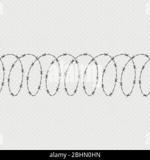 Set of spiral shape barbed wire isolated on transparent background. Horizontal seamless pattern with twisted barbwire. EPS 10 Stock Vector
