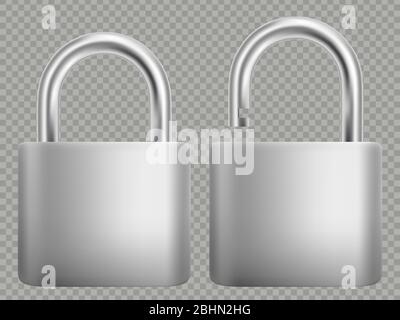 Padlock icon set. Steel and gold lock for protection privacy, web and mobile apps. Isoated on white background. Closed and open. Abstract concept Stock Vector
