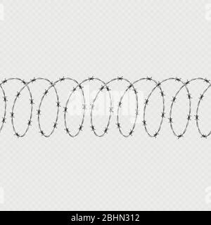 Set of spiral shape barbed wire isolated on transparent background. Horizontal seamless pattern with twisted barbwire. EPS 10 Stock Vector