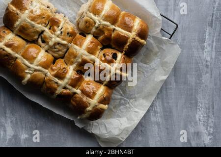 Home made hot cross buns for Easter. Stock Photo