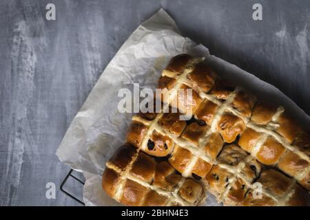 Home made hot cross buns for Easter. Stock Photo