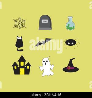 vector set with Halloween illustrations and icons: pumpkin, jack o' lantern, witch, bat, skull, frankenstein, dracula Stock Vector