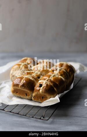 Home made hot cross buns for Easter. Stock Photo
