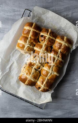 Home made hot cross buns for Easter. Stock Photo