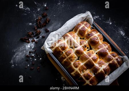 Home made hot cross buns for Easter. Stock Photo
