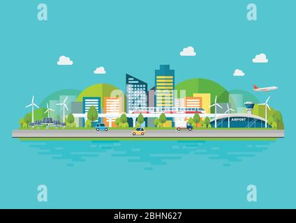 Sustainable eco friendly cityscape with Infrastructure and Transportation. Vector illustration Stock Vector