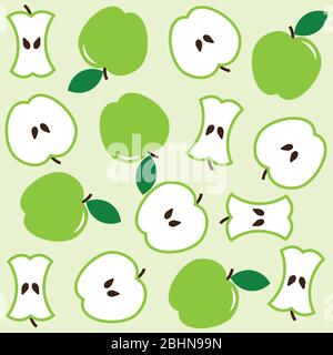 Green apples and core on light seamless background Stock Vector