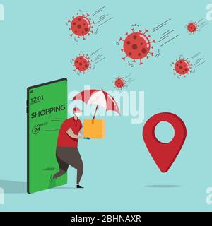 delivery man in red shirt holding goods order in package parcel walk from mobile smartphone with umbrella to protect from coronavirus pathogens. order Stock Vector