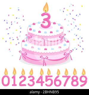 Pink birthday cake, confetti, ribbons and lit number candles. Stock Photo