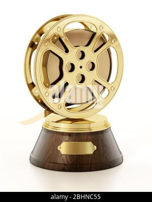 Golden film reel on wooden pedestal. Cinema award. 3D illustration. Stock Photo