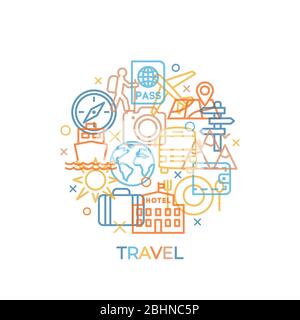 TRAVEL Concept with icons and signs in trendy linear style Stock Vector