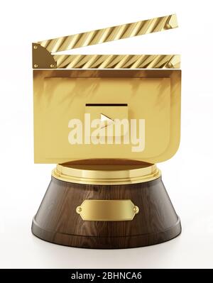 Golden clapboard on wooden pedestal. Cinema award. 3D illustration. Stock Photo