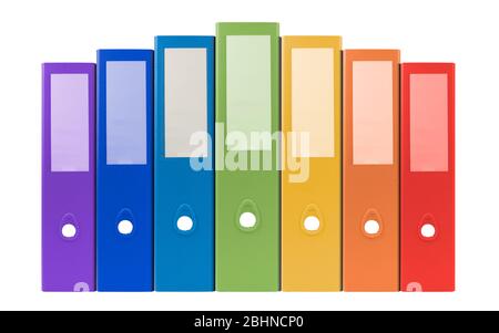 colorful ring binders-full with office document and business information on a white background Stock Photo