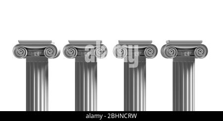 Pillars pedestals, ancient greek stone marble, four ionic style column part isolated against white color background, Presentation ad template. 3d illu Stock Photo