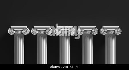 Pillars pedestals, ancient greek stone marble, four ionic style column part against black color background, Presentation ad template. 3d illustration Stock Photo