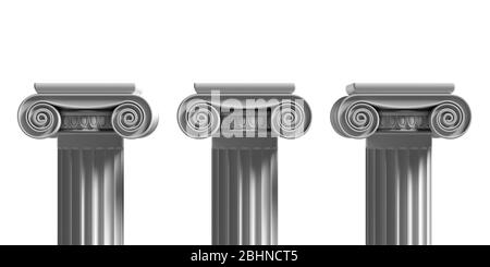 Pillars pedestals, ancient greek stone marble, three ionic style column part isolated against white color background, Presentation ad template. 3d ill Stock Photo