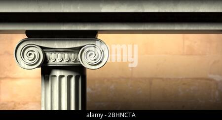 Ancient greek temple, ionic style marble pillar and roof detail, blur stone wall background, copy space, Law theme template. 3d illustration Stock Photo