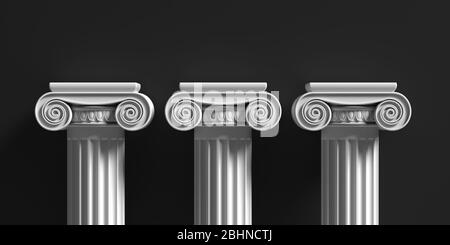 Pillars pedestals, ancient greek white color stone marble, three ionic style column part against black background, Presentation ad template. 3d illust Stock Photo