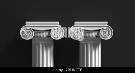 Pillars pedestals, ancient greek white color stone marble, two ionic style column part against black background, Presentation ad template. 3d illustra Stock Photo